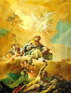 A Bishop Saint (saint Ambrose Or Saint Augustine?) In Glory Surrounded By Putti And Angels, Heresy Being Repulsed Below by Gaspare Diziani