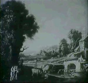 Italienische Flusslandschaft Mit Christus Und Den Jungern   Auf Dem Weg Nach Emmaus