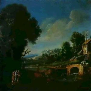 Italienische Flusslandschaft Mit Christus Und Den Jungern Auf Dem Weg Nach Emmaus. by Gaspare Diziani