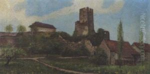 Bluhende Wiesenlandschaft Mit Bauernhofen Und Burgruine by Johann Othmar Doebeli