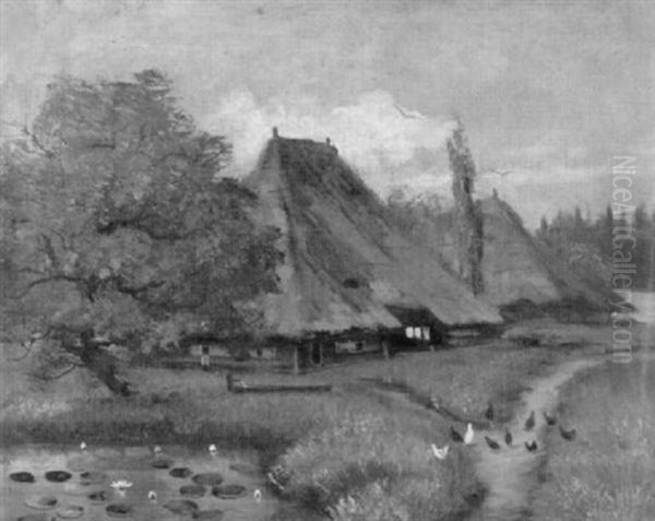 Bauernhauser Mit Teich Und Pickender Huhnerschar - view 1