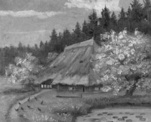 Gehoft Mit Teich Zwischen Bluhenden Baumen