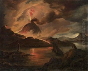 Die Bucht Von Neapel Bei Nacht Mit Dem Ausbrechenden Vesuv