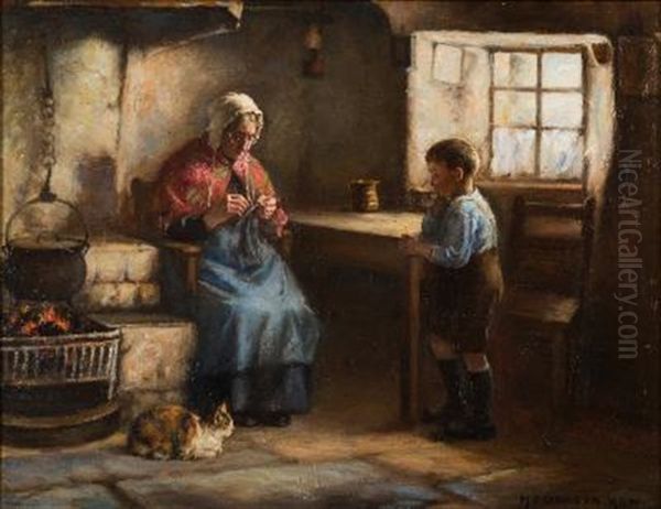 A Cottage Interior With An Elderly Lady Sewing For Her Grandson - view 1