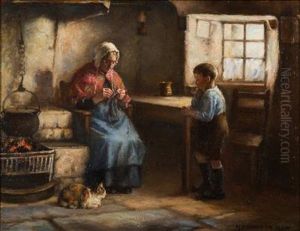 A Cottage Interior With An Elderly Lady Sewing For Her Grandson by Henry John Dobson