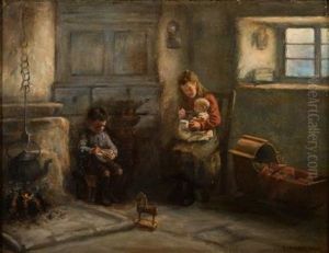 A Cottage Interior With A Young Girl Feeding A Baby And A Boy Mixing A Bowl by Henry John Dobson