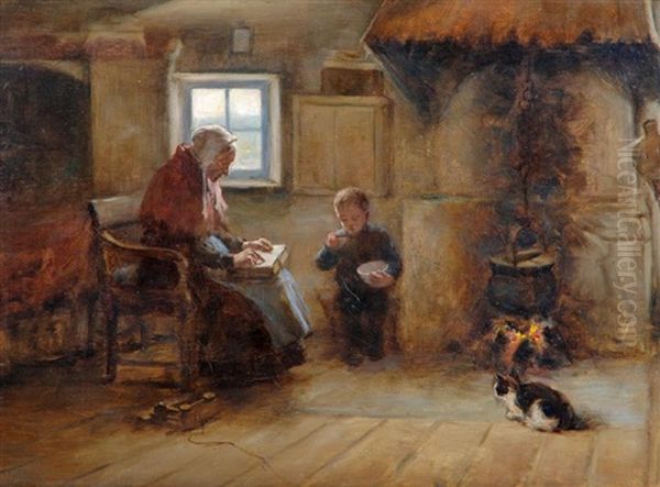 Cottage Interior With Old Lady And Child - view 1