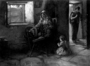 Father Returns, Mother Spinning With Toddler Playing At Her Feet by Henry John Dobson