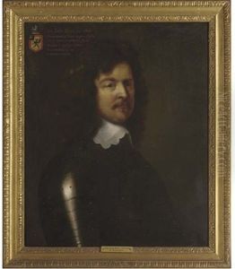 Portrait Of Sir John Boys In Armour, With A White Lace Collar, His Coat Of Arms Displayed In The Top Left Hand Corner