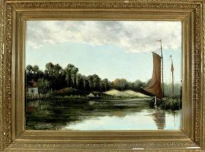 Segelboot Liegt Im Fluss Vor Anker by Arie Van Hattem