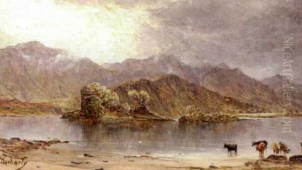 Landscape With Cattle At A Lake's Edge With Mountains In The Background - view 1
