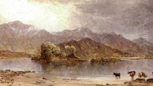 Landscape With Cattle At A Lake's Edge With Mountains In The Background