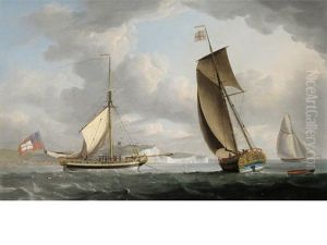 A Trinity House Yacht In Two Positions Off Dover, With A View Of The Castle And Cliffs Beyond by Robert Dodd