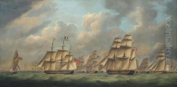 An English Frigate Escorting A Large International Merchant Convoy - view 1