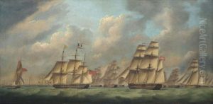An English Frigate Escorting A Large International Merchant Convoy by Robert Dodd