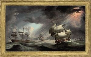A Royal Naval Warship In Two Positions Within A Squadron Of The Red Caught In A Gale
