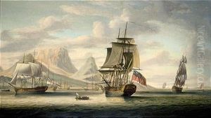 H.m.s. "southampton" Anchored Off Cape Town With Table Mountain In The Distance by Robert Dodd