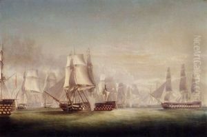 The Battle Of Trafalgar, With H.m.s. "victory" Racing The "bucentaure" by Robert Dodd