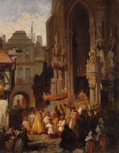 Fronleichnamsprozession Zieht Aus Einer Gotischen Kathedrale In Einer Mittelalterlichen Stadt by Karl Emil Doepler the Elder