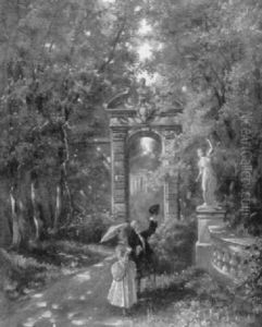 Rokokopaar In Einem Park Eine Statue Bewundernd by Karl Emil Doepler the Elder