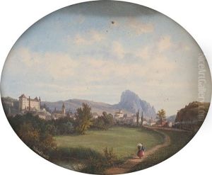 Parklandschaft Vor Burganlage, Gebirgskulisse Und Eisenbahnstrecke by Ernst Gustav Doerell