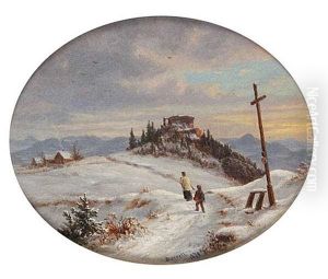 A Winter Landscape With The Ruined Blansko Castle, Near Usti Nad Labem by Ernst Gustav Doerell