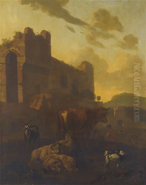 Cows And Sheep At Rest Beside Classical Ruins - view 1