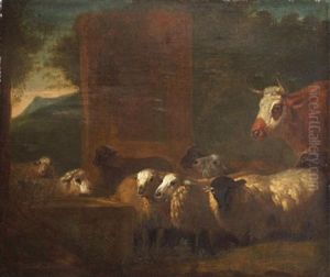 Un Troupeau De Moutons Et Une Vache Pres De L'abreuvoir by Jacob van der Does the Elder