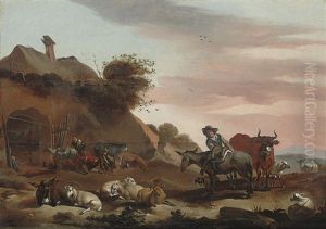 Herdsmen And Their Cattle At Rest In A Landscape by Jacob van der Does the Elder