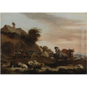 Landscape With Herders Tending To Their Livestock Outside Of A Barn by Jacob van der Does the Elder