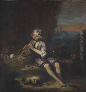 A Rocky Landscape With A Young Shepherd Playing A Flute
