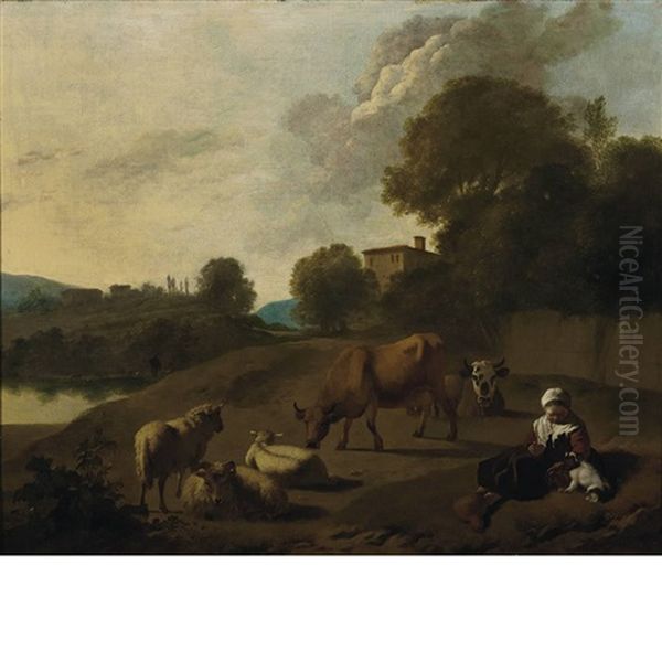 A River Landscape With Cattle, Sheep And A Young Girl Playing With A Dog - view 1