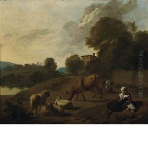 A River Landscape With Cattle, Sheep And A Young Girl Playing With A Dog