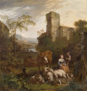 Junges Hirtenpaar In Einer Landschaft Mit Rastenden Reitern, Ruinen Und Einer Festung