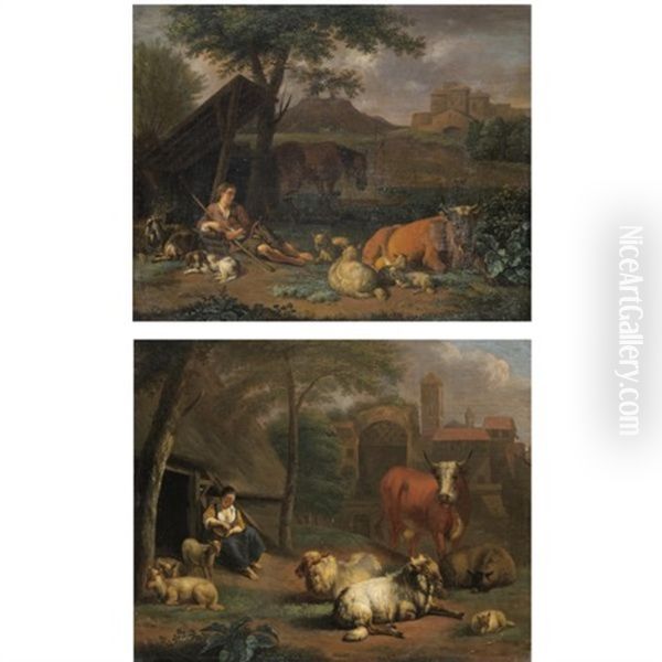 Pastoral Roman Landscapes With A Shepherd Boy And A Shepherd Girl (pair) - view 1