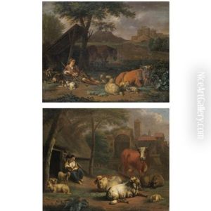 Pastoral Roman Landscapes With A Shepherd Boy And A Shepherd Girl (pair) by Simon van der Does