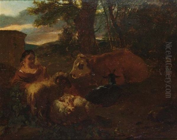 A Pastoral Landscape With A Shepherdess And Her Cattle Resting - view 1