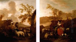 An Italianate Landscape With A Shepherdess Attending Her Animals And Reading A Letter To Her Son