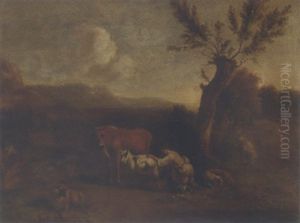 A Pastoral Landscape With A Milkmaid By A Pollard Willow by Simon van der Does