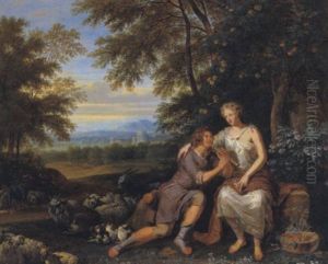 Ein Schalmei Blasender Hirt Mit Hirtin In Einer Sudlichen Landschaft by Simon van der Does