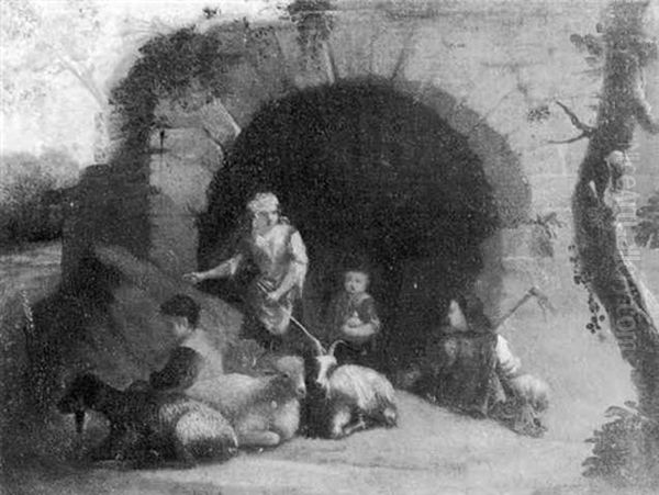 An Italianate Landscape With Shepherds And Their Livestock In Front Of An Archway - view 1