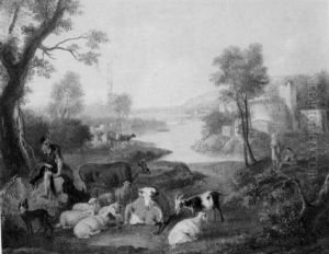 An Evening Landscape With A Shepherd Resting His Livestock And A Ruined Castle And River Landscape Beyond by Simon van der Does