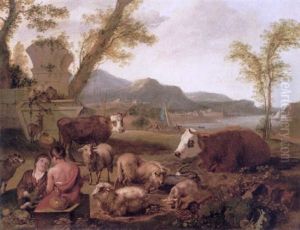 Two Young Shepherd Boys Seated In A Landscape With Their Cattle And Sheep, A Lake Beyond