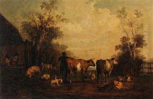 Cattle And Sheep Outside A Farm Building, Accompanied By A Herdsman Blowing A Horn Cattle And Sheep Outside A Farm Building, Accompanied By A Herdsman Blowing A Horn