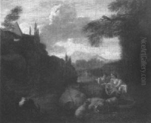 Hirtin Mit Kindern In Landschaft by Simon van der Does