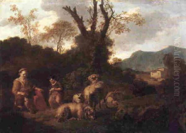 A Shepherdess And A Young Boy Watching Sheep And Goats In An Italianate Landscape - view 1