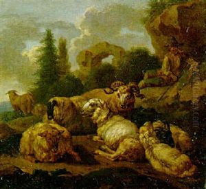 Landscapes With Herdsmen And A Flock Of Sheep Resting Near A Ruin by Simon van der Does