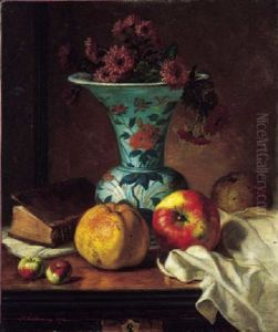 A Vase Of Crysanthemums, Apples And A Book On A Sideboard In An Interior by Augusta Dohlmann
