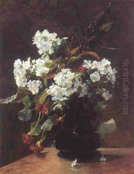 Opstilling Med Brogede Sommerblomster I En Krukke Pa Et Bord - view 1