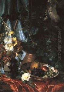 Nature Morte Med Fad Med Frugt, Krysantemer Og Kobberbotte